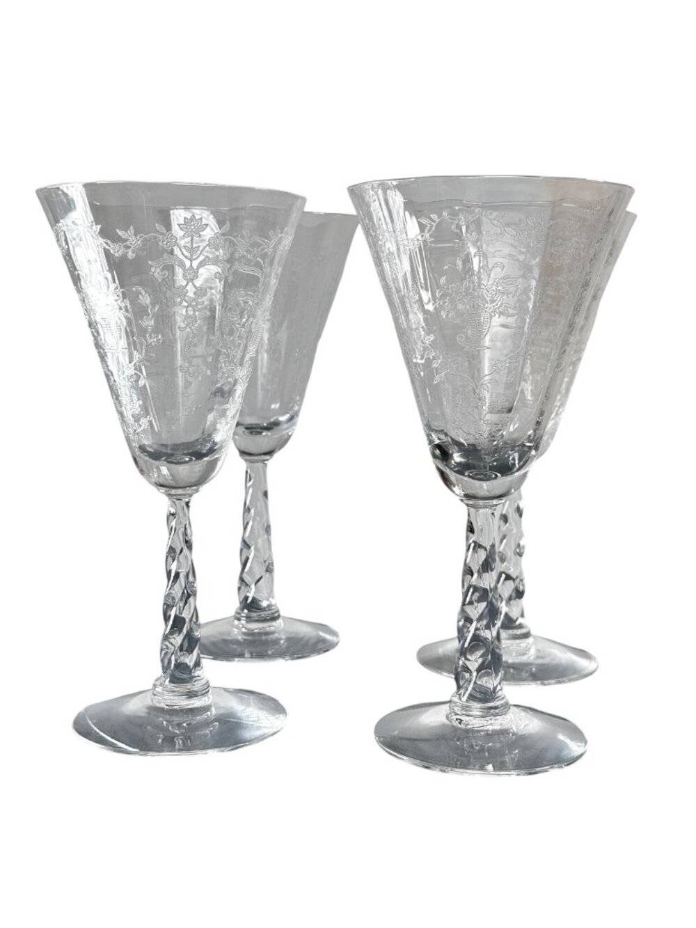 Vintage Crystal Etched Water Goblets With Twisted Stems - Set Of 4 - Fostoria Ma